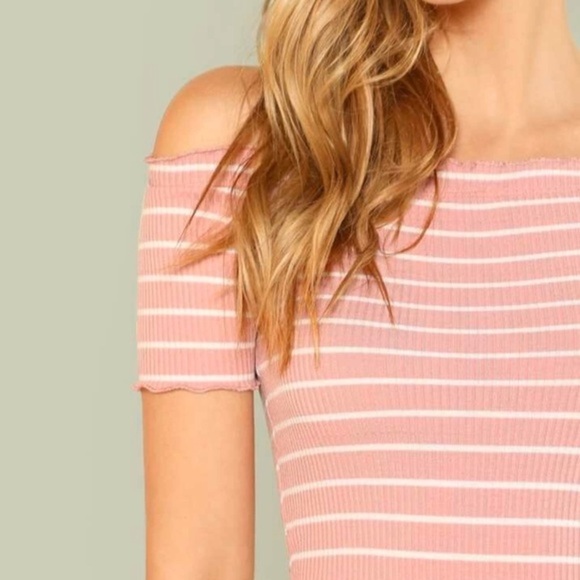 Off the Shoulder Pink Striped Lettuce Trim Tee - Picture 5 of 12